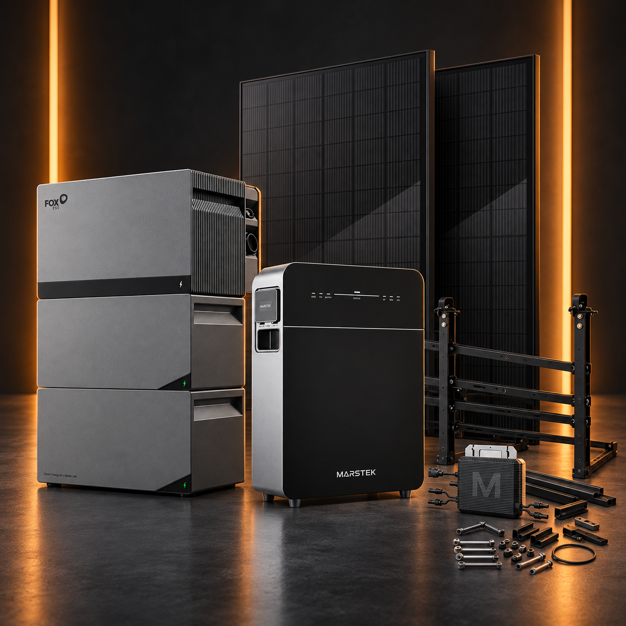 Fox Mini Qube battery stack and plug-in solar kit on a charcoal studio background